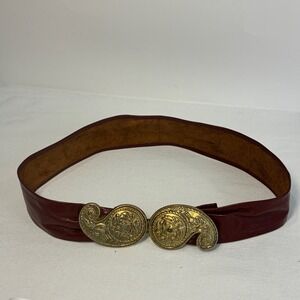 70s Burgundy Leather Cinch Belt Gold Brass Paisley Buckle Women's Vintage Glam